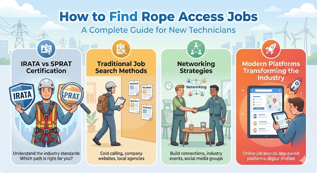 The four pillars of finding rope access work: certification, traditional search, networking, and modern platforms How to Find Rope Access Jobs — overview diagram covering certification, job search methods, networking and modern platforms