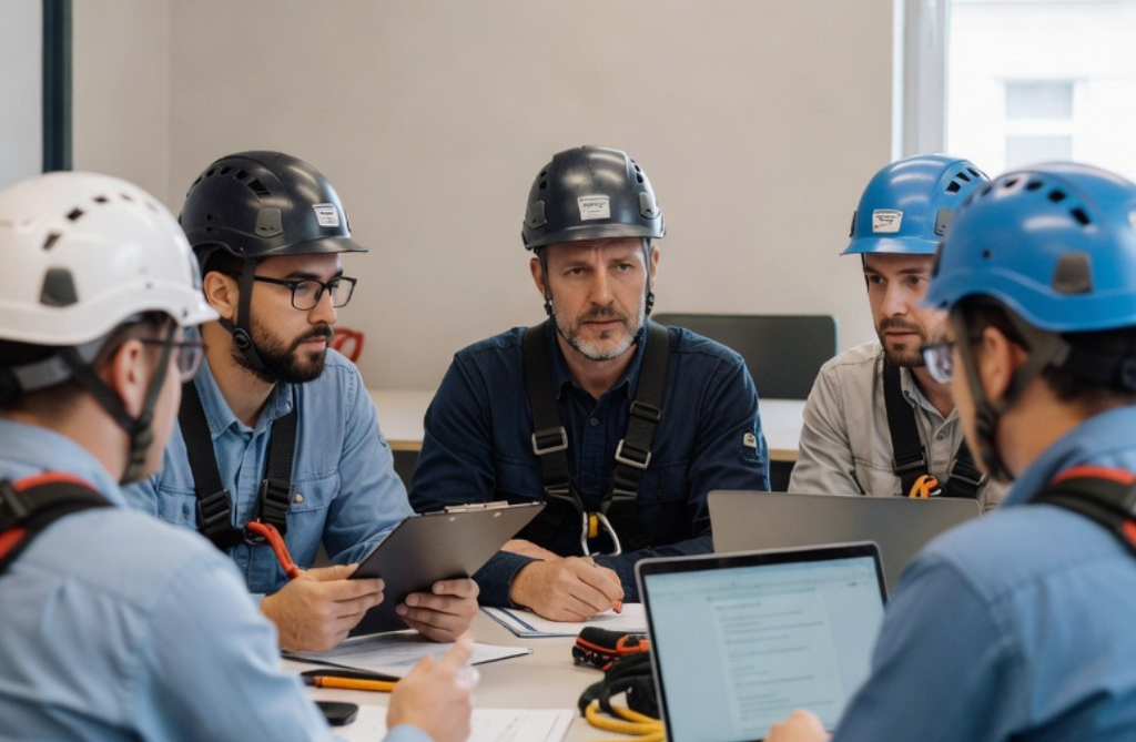 The equipment ownership debate is playing out in briefing rooms and boardrooms across Europe Rope access technicians in discussion around a table
